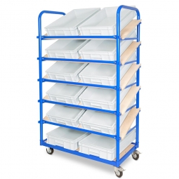 Schrägboden-Regalwagen mit 6 Ebenen, BxTxH 1050x500x1690 mm, 2 Lenk- (mit Feststellbremse) u. 2 Bockrollen, bestückt mit 12 Euroboxen BxTxH 600x400x120 mm, mit Griffleisten