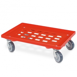 ABS-Kunststoff-Transportroller für 600x400 mm Eurobehälter, 100 mm Gummi-Rad, Gitterdeck rot, Tragkraft 250 kg