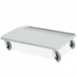Edelstahl-Flüster-Roller für Stapelbehälter 800x600 mm, 100 mm PU-Rad, Deck geschlossen, Tragkraft 250 kg