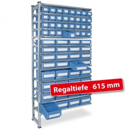 Fachbodensteck-Anbauregal, BxTxH 1000x615x2000 mm, 13 Böden, mit 64 Regalkästen, 3 Größen gemischt, Farbe hellblau