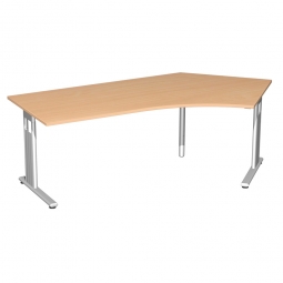 Schreibtisch ELEGANCE 135° rechts, höhenverstellb., Dekor Buche, Gestell Silber, BxTxH 2166x1130x680-820 mm