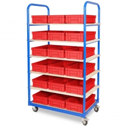 Etagenwagen mit 6 Ebenen, BxTxH 1050x500x1690 mm, 2 Lenk- (mit Feststellbremse) u. 2 Bockrollen, bestückt mit 18 Euroboxen BxTxH 400x300x120 mm, mit Grifleisten