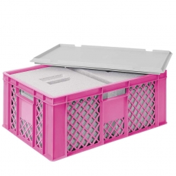 2 EPS-Thermoboxen im Stapelkorb mit Deckel, LxBxH 600x400x240 mm, violetter Korb, grauer Deckel