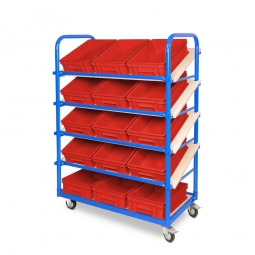 Schrägboden-Regalwagen mit 5 Ebenen, BxTxH 1050x500x1450 mm, 2 Lenk- (mit Feststellbremse) u. 2 Bockrollen, bestückt mit 15 Euroboxen BxTxH 400x300x120 mm, mit Griffleisten
