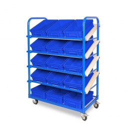 Schrägboden-Regalwagen mit 5 Ebenen, BxTxH 1050x500x1450 mm, 2 Lenk- (mit Feststellbremse) u. 2 Bockrollen, bestückt mit 15 Euroboxen BxTxH 400x300x120 mm, mit Griffleisten