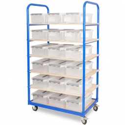 Etagenwagen mit 6 Ebenen, BxTxH 1050x500x1690 mm, 2 Lenk- (mit Feststellbremse) u. 2 Bockrollen, bestückt mit 18 Clipboxen je 12 Liter
