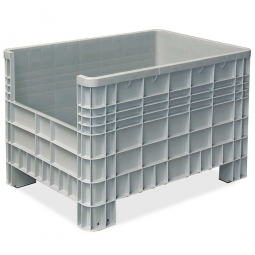 Palettenbox mit Außenrippen und 4 Füßen, Zuschnitt an einer Stirnseite, Außenmaße LxBxH 1170x800x800 mm, grau
