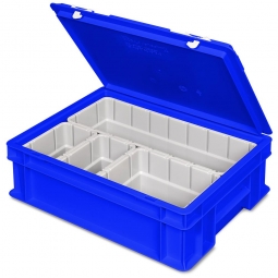 Euro-Deckelbehälter mit 4 Einsatzkästen, LxBxH 400x300x130 mm, blau