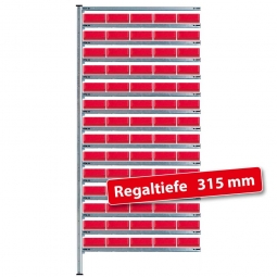 Anbauregal, verzinkt, BxTxH 1035x315x2000 mm, 15 Ebenen, 70 Regalkästen LxBxH 300x183x81 mm, rot