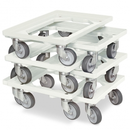 6x ABS-Kunststoff-Transportroller im Spar-Set, für Kästen, Körbe, Kartons 600x400 mm, weiß, 100 mm Gummi-Rad, Deck offen, Tragkraft 250 kg