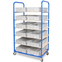 Etagenwagen mit 6 Ebenen, BxTxH 1050x500x1690 mm, 4 Lenkrollen, 2 Rollen mit Feststellbremse, bestückt mit 12 Euroboxen BxTxH 600x400x120 mm, mit Griffleisten