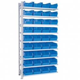 Anbauregal, verzinkt, BxTxH 1035x315x2000 mm, 9 Böden, 36 Sichtboxen LB 3 Farbe blau