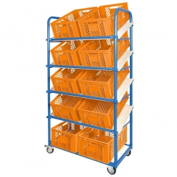 Schrägboden-Regalwagen mit 5 Ebenen, BxTxH 1050x500x1880 mm, 2 Lenk- (mit Feststellbremse) u. 2 Bockrollen, bestückt mit 10 Euroboxen BxTxH 600x400x240 mm, durchbrochen, mit Durchfassgriffen