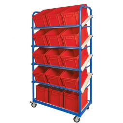 Schrägboden-Regalwagen mit 5 Ebenen, BxTxH 1050x500x1880 mm, 4 Lenkrollen, 2 Rollen mit Feststellbremse, bestückt mit 15 Euroboxen BxTxH 400x300x235 mm, mit Griffleisten