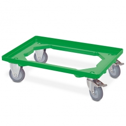 ABS-Kunststoff-Transportroller für 600x400 mm Eurobehälter, grün, 2 Bock- und 2 Lenkrollen mit Feststellbremse, 100 mm Gummi-Rad, Deck offen, Tragkraft 250 kg
