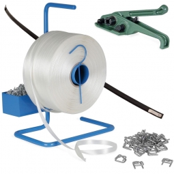 Umreifungs-Komplett-Set mit Bandabroller +  1 Rolle Polyester-Kraftband 850 m lang, 16 mm breit + Bandspanner + 1000 Metall-Verschlussklammern