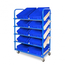 Schrägboden-Regalwagen mit 5 Ebenen, BxTxH 1050x500x1450 mm, 2 Lenk- (mit Feststellbremse) u. 2 Bockrollen, bestückt mit 10 Euroboxen BxTxH 600x400x120 mm, mit Griffleisten