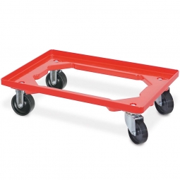 ABS-Kunststoff-Transportroller für Behälter 600x400 mm, rot, 2 Lenk- und 2 Bockrollen, 100 mm Kunststoff-Rad in schwarz, offenes Deck, Tragkraft 250 kg