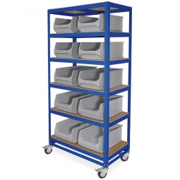 Kommissionierwagen mit 6 Ebenen, BxTxH 900x500x1905 mm, Tragkraft 200 kg, blau, bestückt mit 10 grauen Sichtboxen 