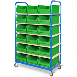 Etagenwagen mit 6 Ebenen, BxTxH 1050x500x1690 mm, 4 Lenkrollen, 2 Rollen mit Feststellbremse, bestückt mit 18 grünen Sichtboxen 