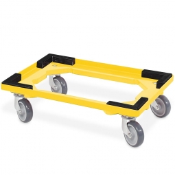 ABS-Kunststoff-Transportroller für 600x400 mm Drehstapelbehälter, gelb, mit Stapelecken, 100 mm Gummi-Rad, Deck offen, Tragkraft 250 kg