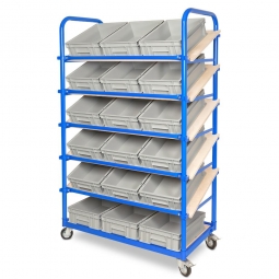 Schrägboden-Regalwagen mit 6 Ebenen, BxTxH 1050x500x1690 mm, 4 Lenkrollen, 2 Rollen mit Feststellbremse, bestückt mit 18 Euroboxen BxTxH 400x300x120 mm, mit Griffleisten