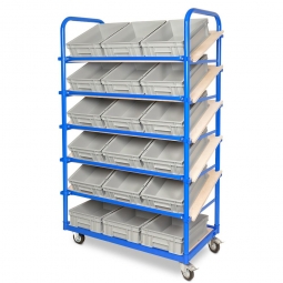 Schrägboden-Regalwagen mit 6 Ebenen, BxTxH 1050x500x1690 mm, 2 Lenk- (mit Feststellbremse) u. 2 Bockrollen, bestückt mit 18 Euroboxen BxTxH 400x300x120 mm, mit Griffleisten