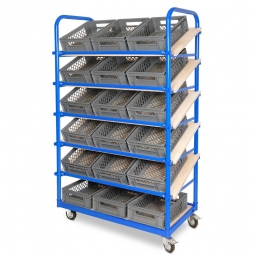 Schrägboden-Regalwagen mit 6 Ebenen, BxTxH 1050x500x1690 mm, 2 Lenk- (mit Feststellbremse) u. 2 Bockrollen, bestückt mit 18 Euroboxen BxTxH 400x300x125 mm, durchbrochen, mit Durchfassgriffen