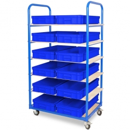 Etagenwagen mit 6 Ebenen, BxTxH 1050x500x1690 mm, 2 Lenk- (mit Feststellbremse) u. 2 Bockrollen, bestückt mit 12 Euroboxen BxTxH 600x400x120 mm, mit Griffleisten