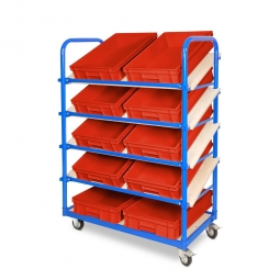 Schrägboden-Regalwagen mit 5 Ebenen, BxTxH 1050x500x1450 mm, 2 Lenk- (mit Feststellbremse) u. 2 Bockrollen, bestückt mit 10 Euroboxen BxTxH 600x400x120 mm, mit Griffleisten