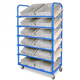 Schrägboden-Regalwagen mit 6 Ebenen, BxTxH 1050x500x1690 mm, 2 Lenk- (mit Feststellbremse) u. 2 Bockrollen, bestückt mit 12 Euroboxen BxTxH 600x400x120 mm, mit Griffleisten