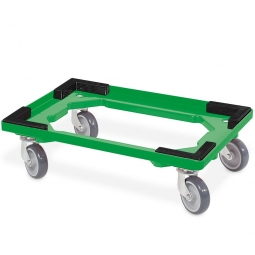 ABS-Kunststoff-Transportroller für 600x400 mm Drehstapelbehälter, grün, mit Stapelecken, 100 mm Gummi-Rad, Deck offen, Tragkraft 250 kg