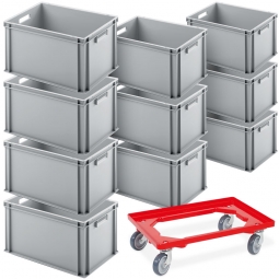 10x Euro-Stapelbehälter, Spar-Set, LxBxH 600x400x320 mm, grau + GRATIS: 1 Transportroller