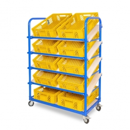 Schrägboden-Regalwagen mit 5 Ebenen, BxTxH 1050x500x1450 mm, 4 Lenkrollen, 2 Rollen mit Feststellbremse, bestückt mit 10 Euroboxen BxTxH 600x400x150 mm, durchbrochen, mit Durchfassgriffen