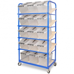 Schrägboden-Regalwagen mit 5 Ebenen BxTxH 1050x500x1880 mm, 4 Lenkrollen, 2 Rollen mit Feststellbremse, bestückt mit 15 Clipboxen je 22 Liter