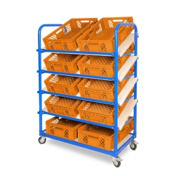 Schrägboden-Regalwagen mit 5 Ebenen, BxTxH 1050x500x1450 mm, 4 Lenkrollen, 2 Rollen mit Feststellbremse, bestückt mit 10 Euroboxen BxTxH 600x400x150 mm, durchbrochen, mit Durchfassgriffen