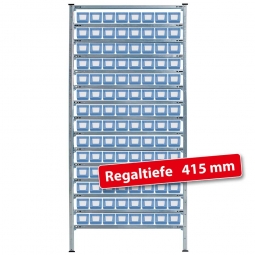 Fachbodensteck-Grundregal, BxTxH 1000x415x2000 mm, 15 Böden, mit 112 Regalkästen LxBxH 400x117x90 mm, Farbe hellblau