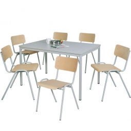 7-teilige Sitzgruppe: 6 Stahlrohr-Stühle + 1 Kantinentisch, LxBxH 1600x800x750 mm, lichtgrau