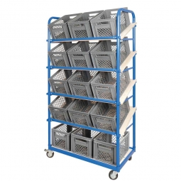 Schrägboden-Regalwagen mit 5 Ebenen, BxTxH 1050x500x1880 mm, 4 Lenkrollen, 2 Rollen mit Feststellbremse, bestückt mit 15 Euroboxen BxTxH 400x300x225 mm, durchbrochen, mit Durchfassgriffen