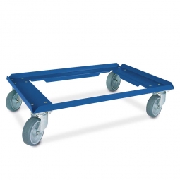 Alu-Transportroller für Eurobehälter 600x400 mm, kunststoffbeschichtet blau, 100 mm Gummi-Rad, Deck offen, Tragkraft 250 kg
