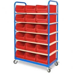 Etagenwagen mit 6 Ebenen, BxTxH 1050x500x1690 mm, 4 Lenkrollen, 2 Rollen mit Feststellbremse, bestückt mit 18 roten Sichtboxen 