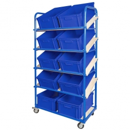 Schrägboden-Regalwagen mit 5 Ebenen, BxTxH 1050x500x1880 mm, 4 Lenkrollen, 2 Rollen mit Feststellbremse, bestückt mit 10 Euroboxen BxTxH 600x400x220 mm, mit Griffleisten