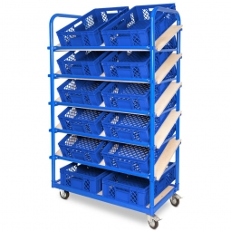 Schrägboden-Regalwagen mit 6 Ebenen, BxTxH 1050x500x1690 mm, 2 Lenk- (mit Feststellbremse) u. 2 Bockrollen, bestückt mit 12 Euroboxen BxTxH 600x400x150 mm, durchbrochen, mit Durchfassgriffen