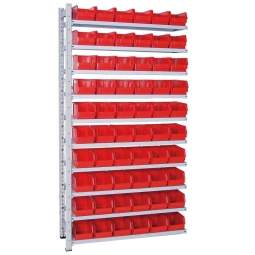 Anbauregal, verzinkt, BxTxH 1035x315x2000 mm, 10 Böden, 60 Sichtboxen LB 4 Farbe rot