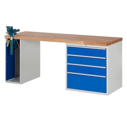 Werkbank BxTxH 2000x700x840 mm, 4 XL Schubladen + 1 Schrank mit Einschiebetür, inkl. Schraubstock mit Klapplift