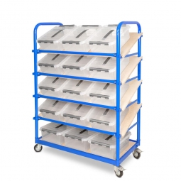 Schrägboden-Regalwagen mit 5 Ebenen, BxTxH 1050x500x1450 mm, 4 Lenkrollen, 2 Rollen mit Feststellbremse, bestückt mit 15 Clipboxen je 12 Liter