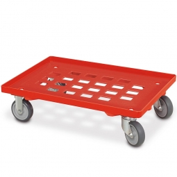 ABS-Kunststoff-Transportroller für 600x400 mm Eurobehälter, 2 Lenk- und 2 Bockrollen, 100 mm Gummi-Rad, Gitterdeck rot, Tragkraft 250 kg
