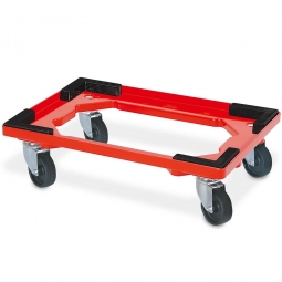 ABS-Kunststoff-Transportroller für 600x400 mm Drehstapelbehälter, rot, mit Stapelecken, 100 mm Kunststoff-Rad in schwarz, Deck offen, Tragkraft 250 kg