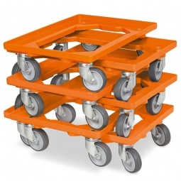 6x ABS-Kunststoff-Transportroller im Spar-Set, für Kästen, Körbe, Kartons 600x400 mm, orange, 100 mm Gummi-Rad, Deck offen, Tragkraft 250 kg