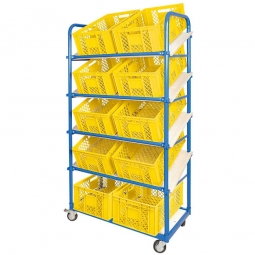 Schrägboden-Regalwagen mit 5 Ebenen, BxTxH 1050x500x1880 mm, 4 Lenkrollen, 2 Rollen mit Feststellbremse, bestückt mit 10 Euroboxen BxTxH 600x400x240 mm, durchbrochen, mit Durchfassgriffen